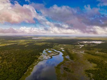 Aerial view of the Spanish Creek inside the Crooked Tree Wildlife Sanctuary.