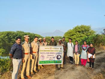 Wetlands Birds Census at Theni Forest Division, Theni, Tamil Nadu. Mr. J. R. Samartha, IFS., District Forest Officer sightings birds at Inland Wetland type. Census coordinator is D. Arulkumar, Forest Range Officer, Aundipatti Range.