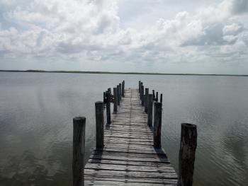 Vista del parque nacional Arrecifes de Xcalak, sistema lagunar Santa Rosa-Río Huach, en Quintata Roo; México; al fondo el manglar en sus variaciones, rojo, blanco, negro y botoncillo, este lugar es refugio de peces, reptiles y aves locales y migratorias.