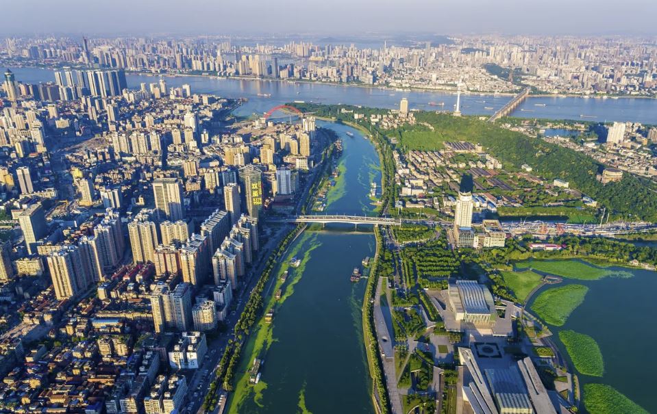 An aerial view of flood-prone Wuhan, sited where the Yangtze and Han rivers merge.